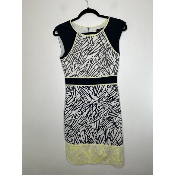 BCBGMAXAZRIA Yellow Black White Abstract Sleeveless Midi Dress Size 2 - Picture 1 of 15